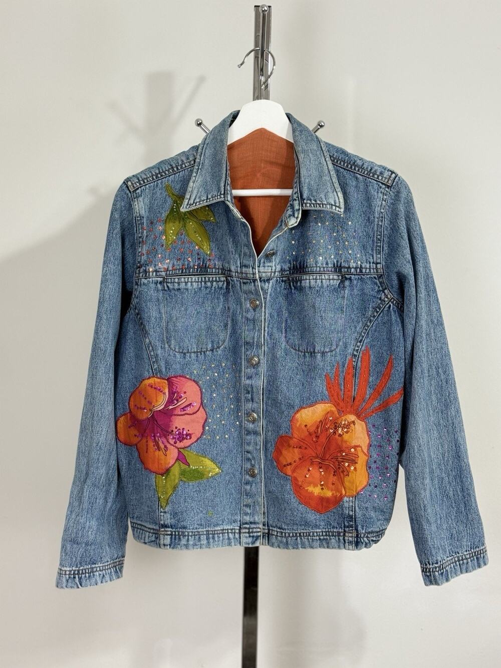 Vintage Women’s Floral Embroidered Denim Jacket Sequins Tropical Boho Size PL